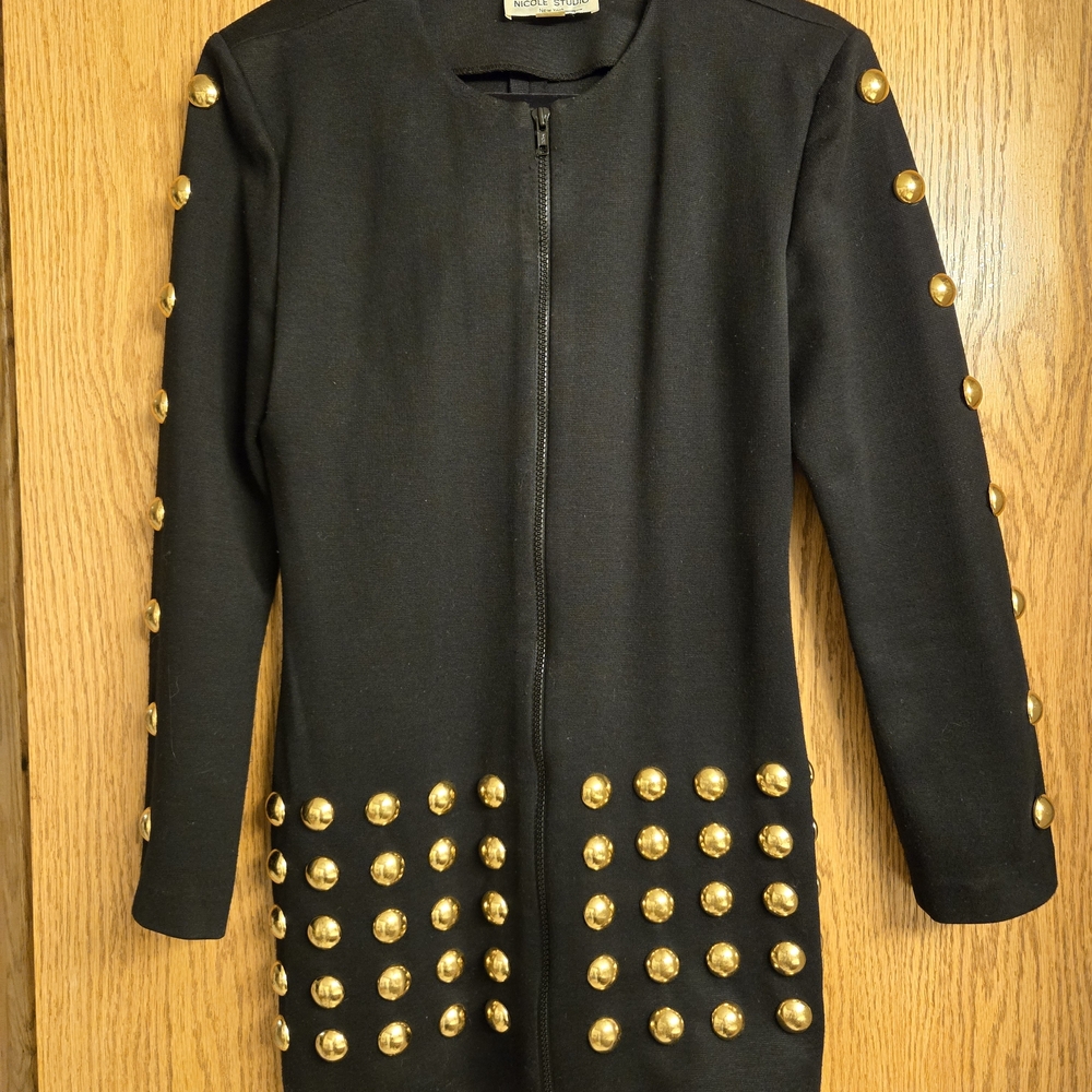 Vintage Black Long Zip Coat With Gold Studs